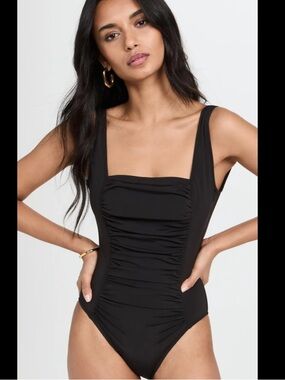 NWT 225 Staud Alder Black Ruched Square Neck One-Piece Swimsuit Size XS